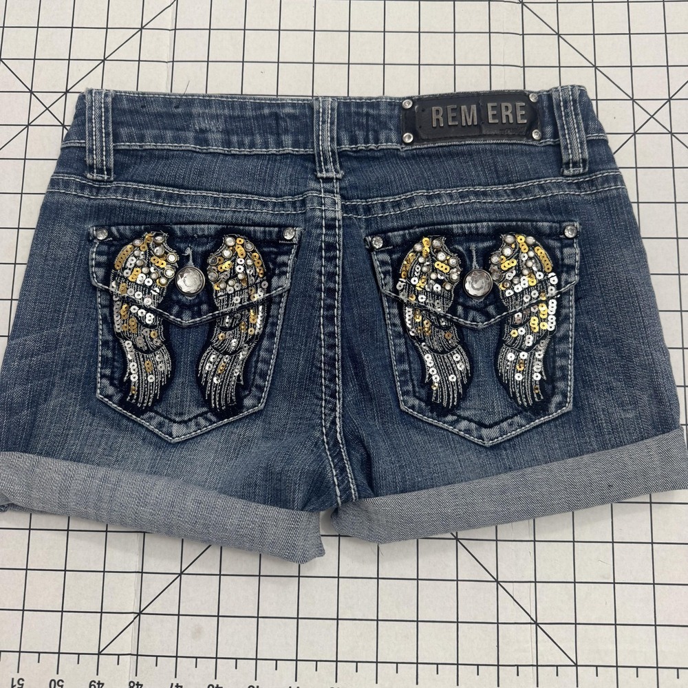 Rue21 Shorts Juniors 5/6R Blue Denim Cuffed Cut Off Sequin Angel Wings